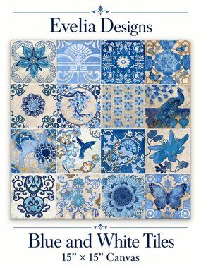 Evelia Designs Blue and White Tiles Canvas Wall Art 15" x 15"